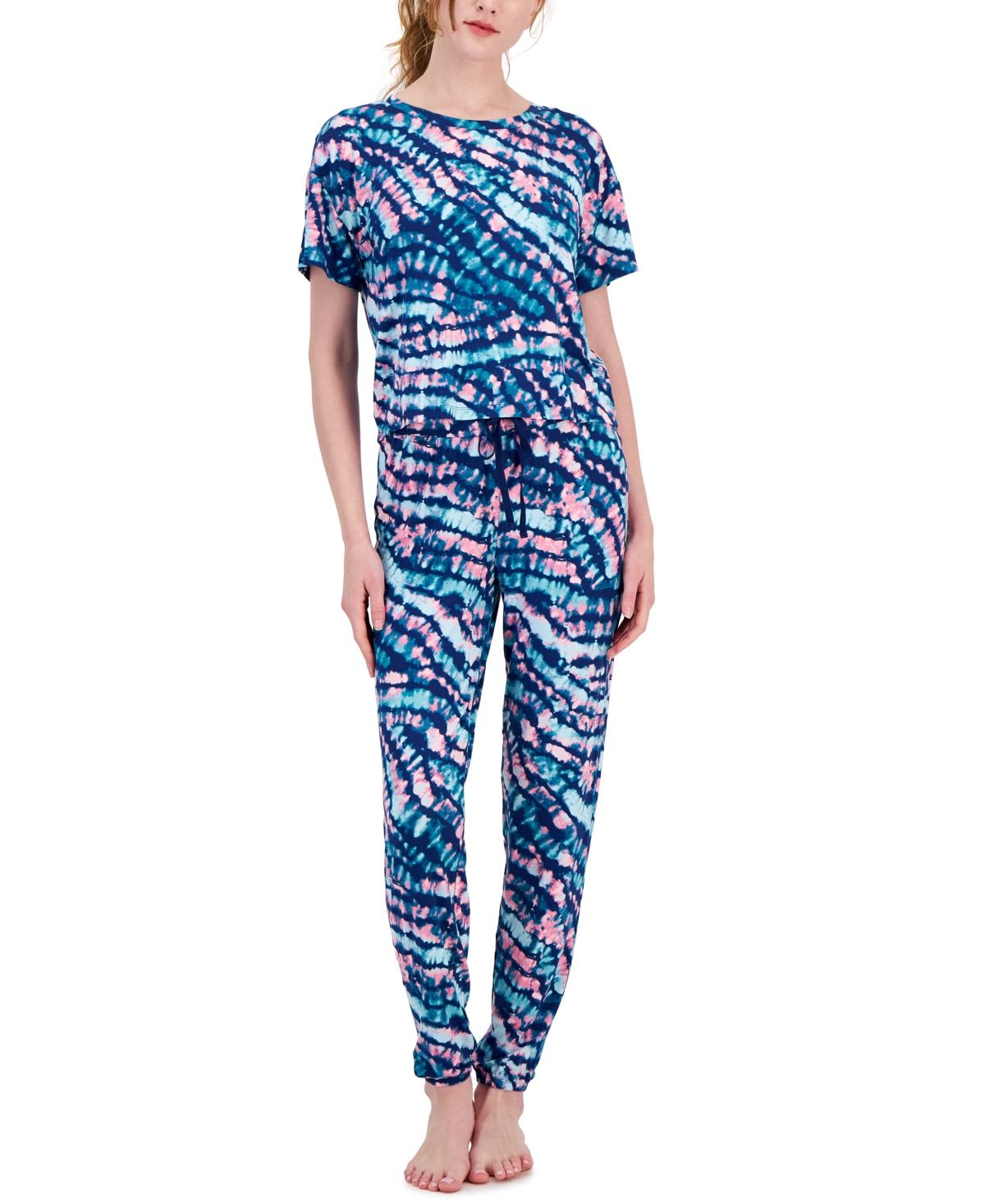 Jenni Women&#39;s 2-Pc. Short-Sleeve Jogger Pajamas Set, - Line Tiedye