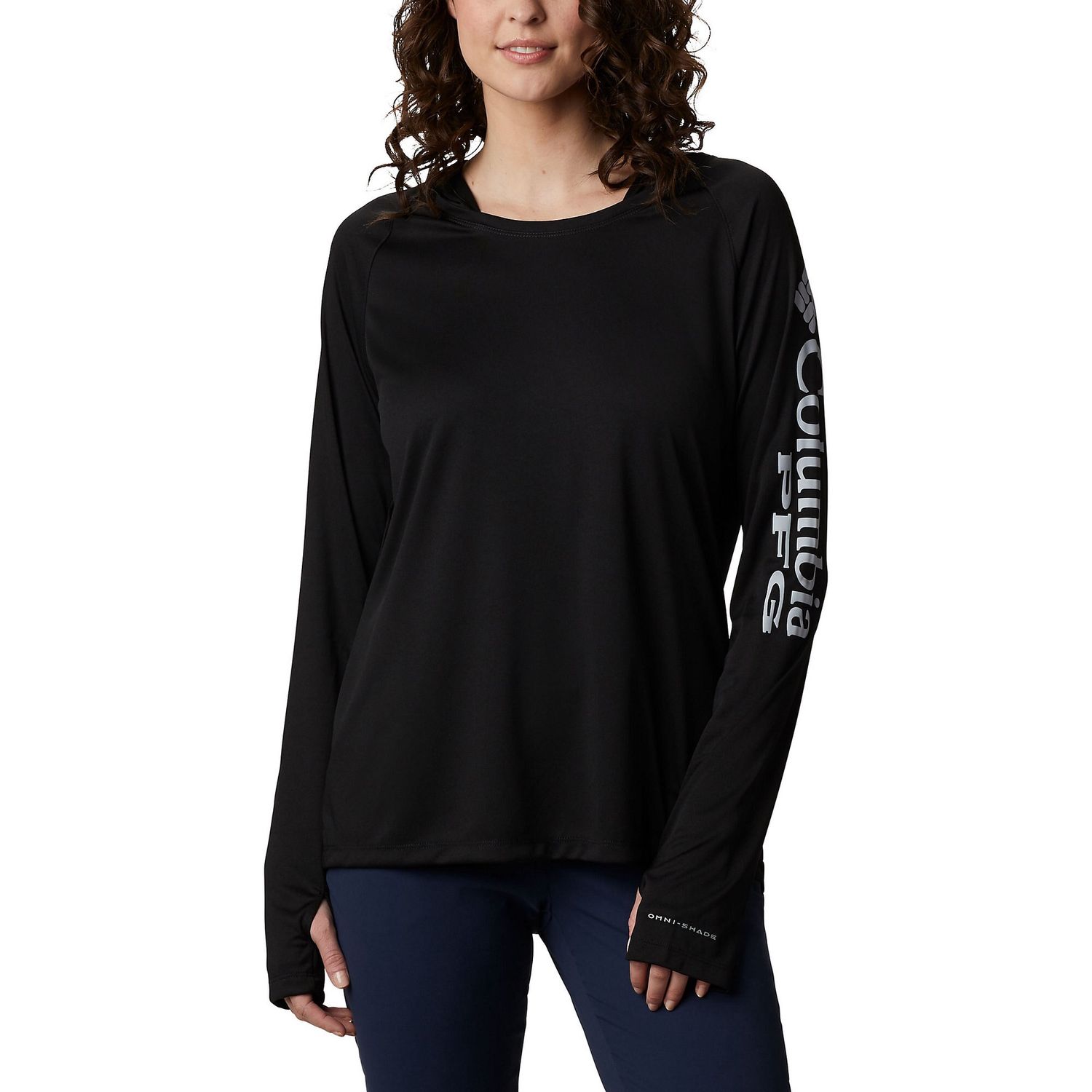 Columbia Women&#39;s Pfg Hoodie Tidal Tee Active Top - Black, Cirrus Grey Logo