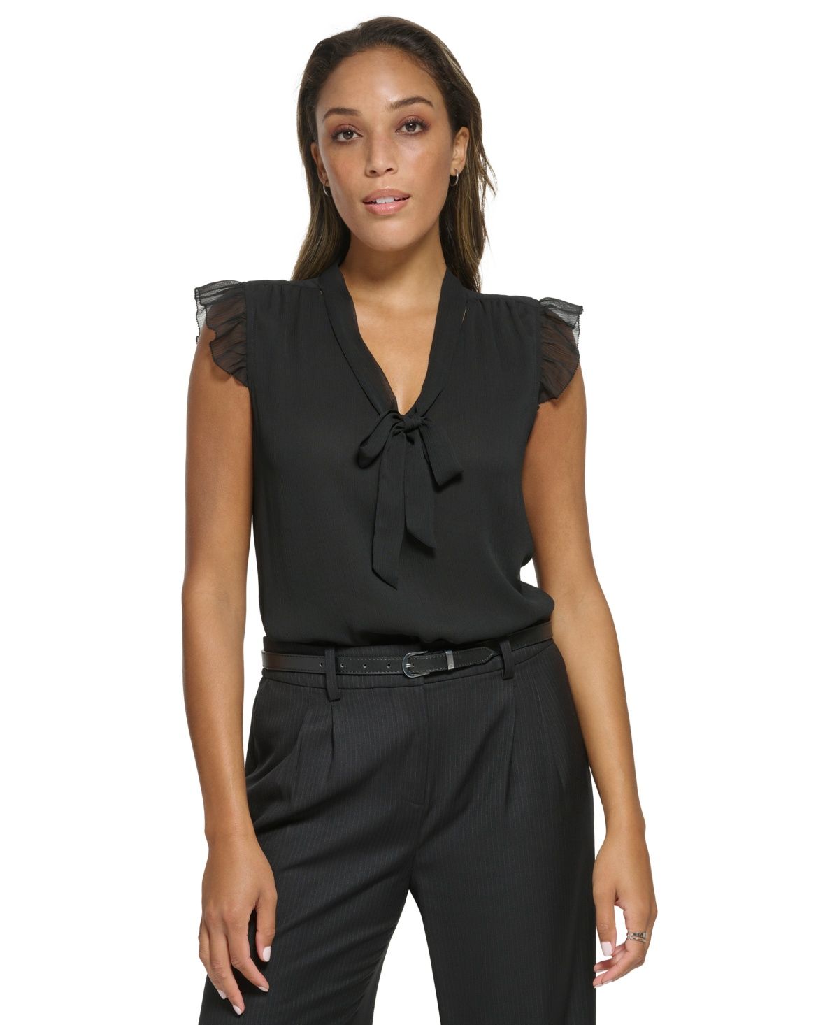 Calvin Klein Women&#39;s Ruffled Cap-Sleeve Tie-Neck Blouse - Black