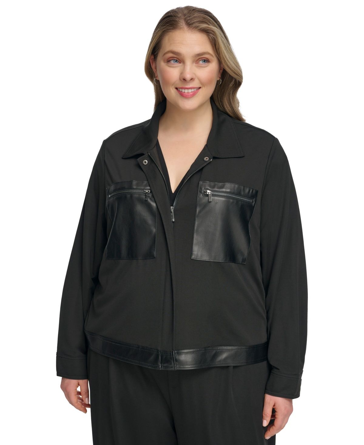 Calvin Klein Plus Size Faux-Leather-Trim Long-Sleeve Jacket - Black