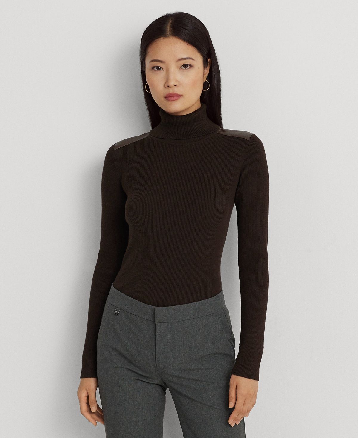 LAUREN Ralph Lauren Faux Leather-Trim Ribbed Turtleneck (Circuit Brown) Women&#39;s Sweater