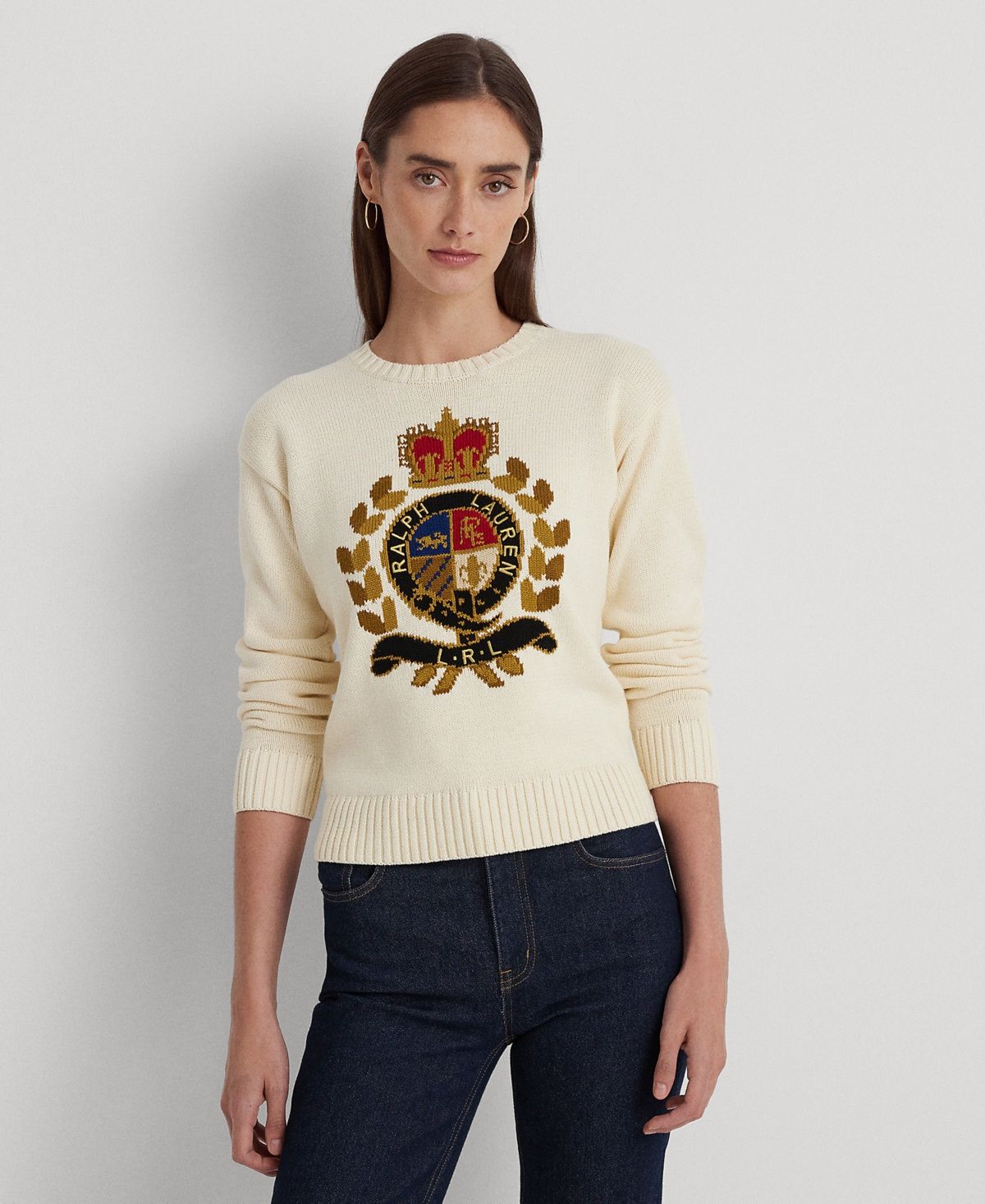 LAUREN Ralph Lauren Intarsia-Knit Crest Cotton-Blend Sweater (Mascarpone Cream) Women&#39;s Sweater