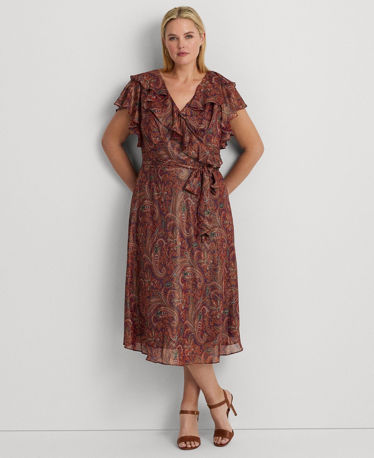 Lauren Ralph Lauren Plus Size Ruffled Metallic Chiffon Paisley Dress - Orange/purple/multi