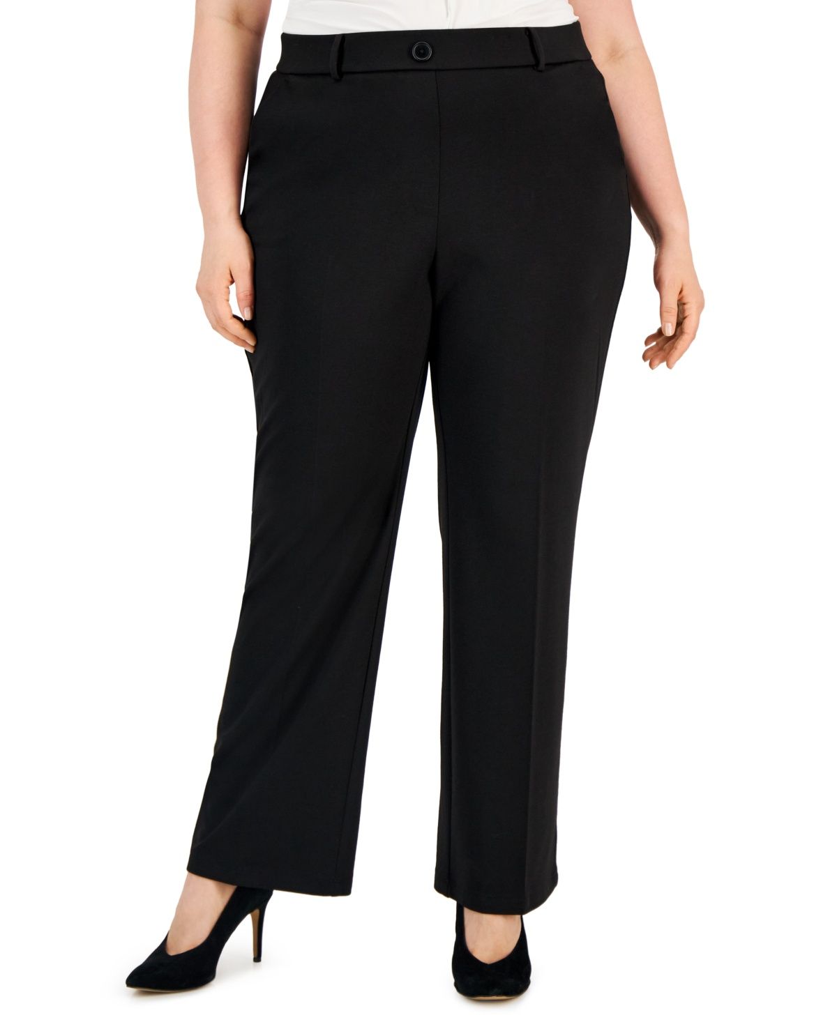 Kasper Women&#39;s Plus Size Pull on Faux Fly Ponte Trousers, Black