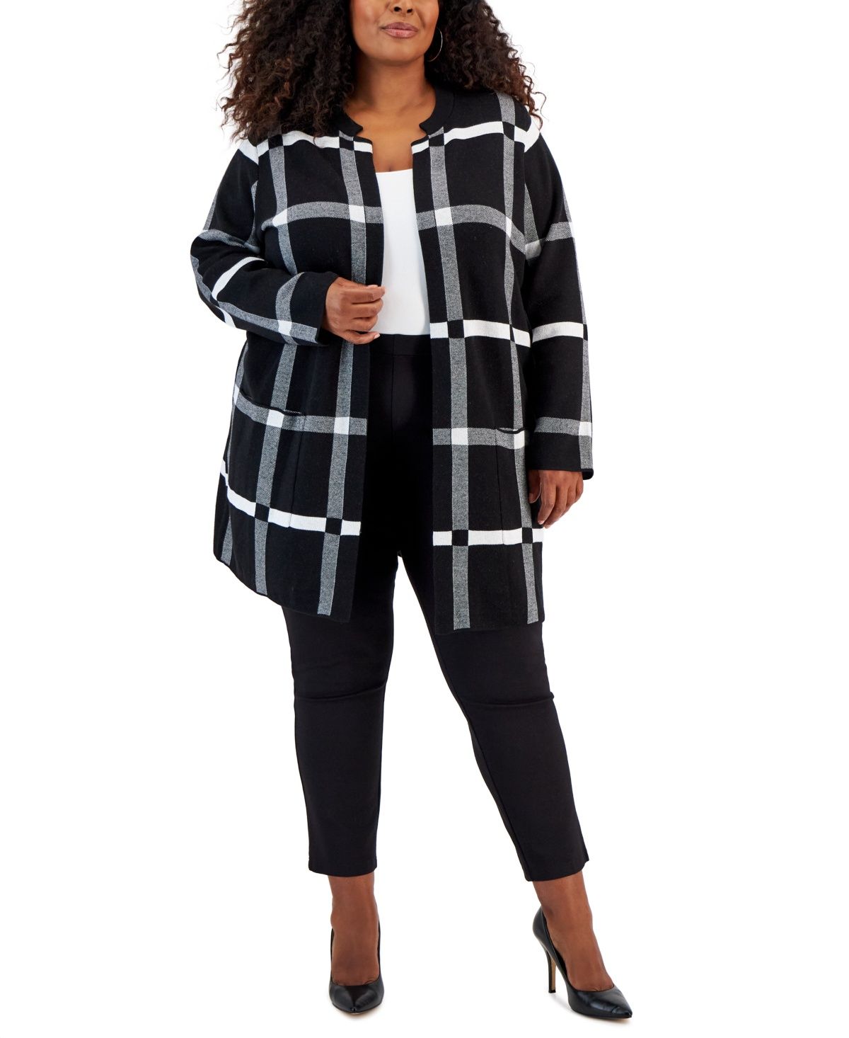 Kasper Plus Size Check-Print Mandarin BlackWhite 1X