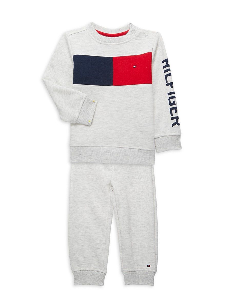 Tommy Hilfiger Baby Boys Global Stripe Heather Crewneck Sweatsuit, 2 Piece Set - Oatmeal Heather