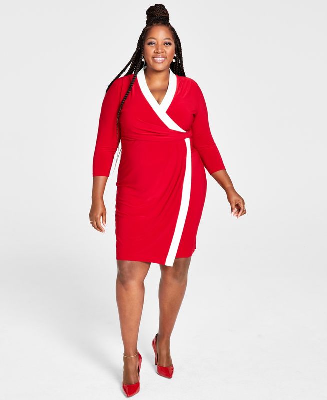 Kasper Plus Size Surplice V-Neck Long Crimson Cream 3X