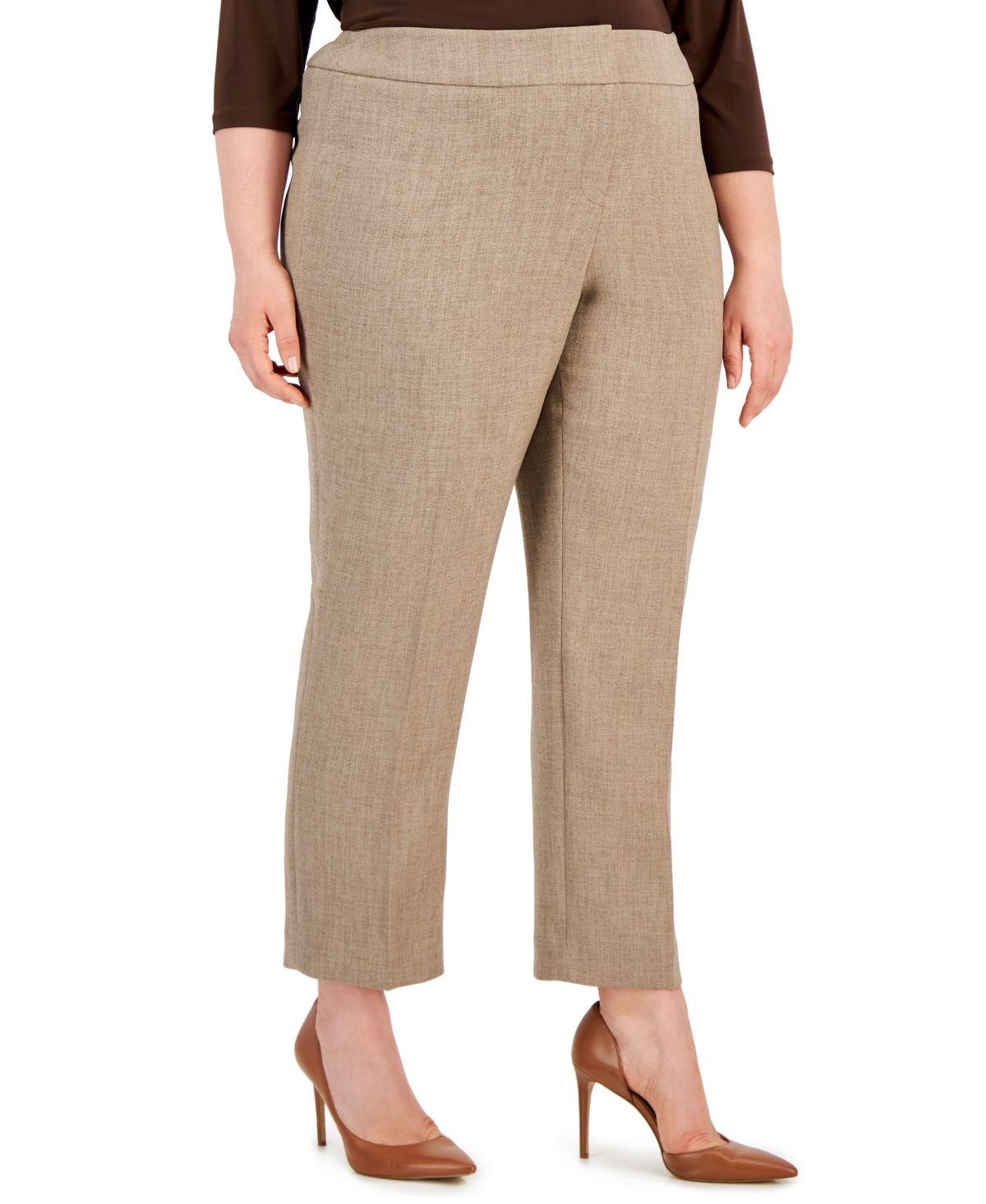 Kasper Plus Size Slim-Leg Pebble Pants - Bronzite