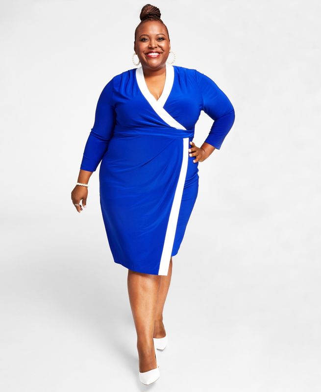 Kasper Plus Size Surplice V-Neck Long Royal Blue White 1X