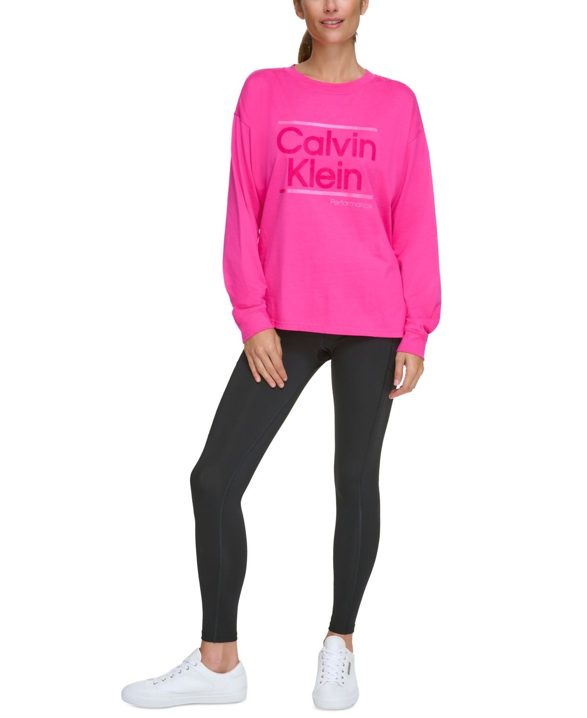 Calvin Klein Performance Women&#39;s Metallic Logo Crewneck Long-Sleeve Cotton T-Shirt - ELECTRIC PINK