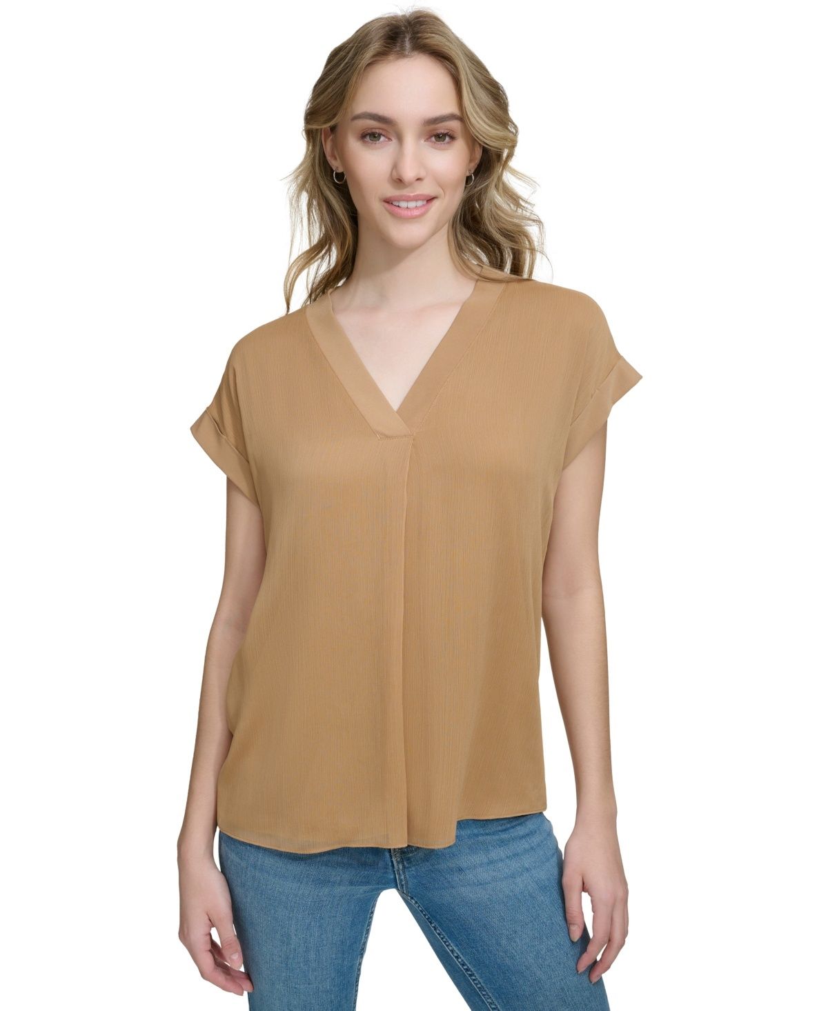 Calvin Klein Womens Mixed Media Cap-Sleeve Luggage L