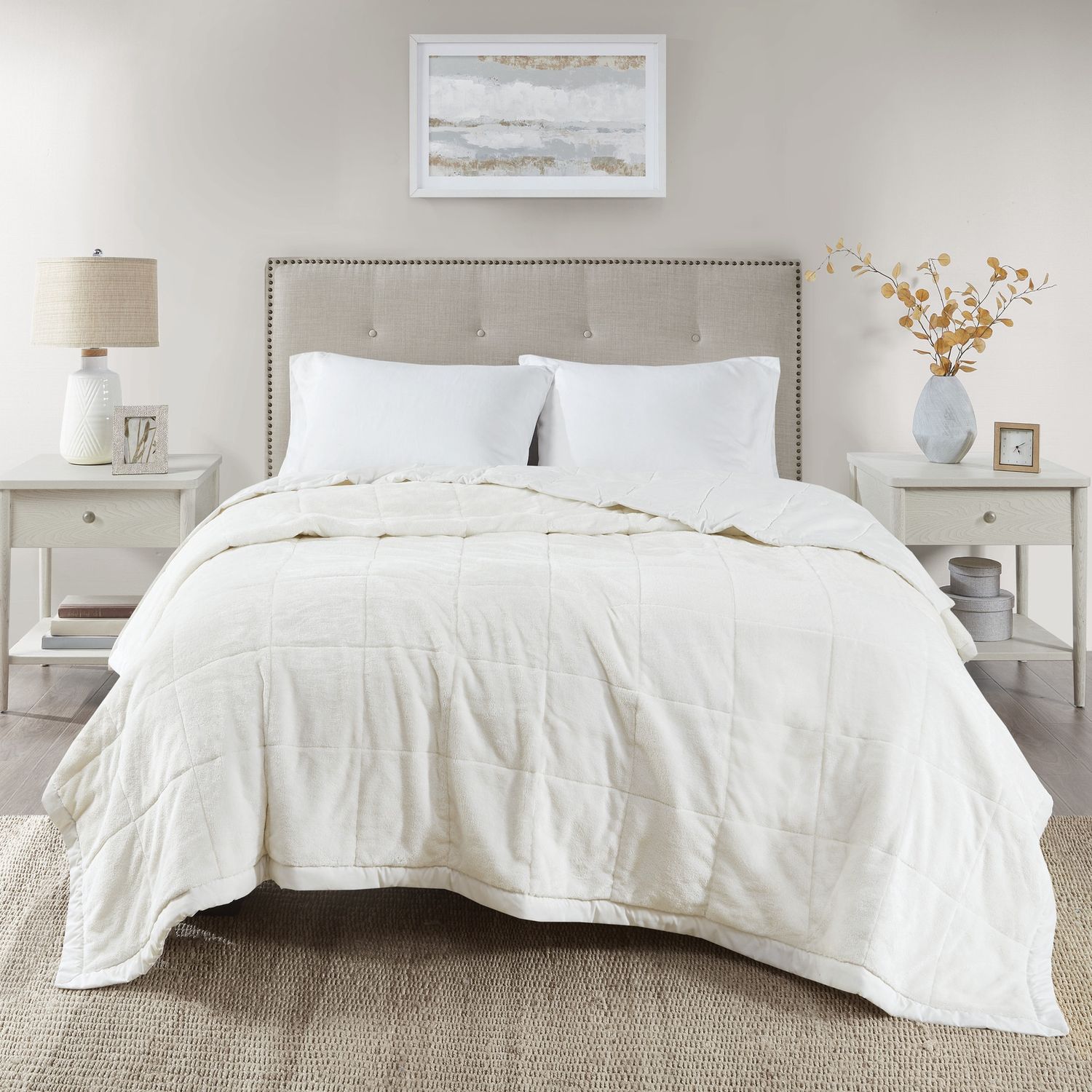 Madison Park King Campbell Reversible HeiQ Smart Temperature Down Alternative Bed Blanket Ivory: Microfiber, OEKO-TEX Certified