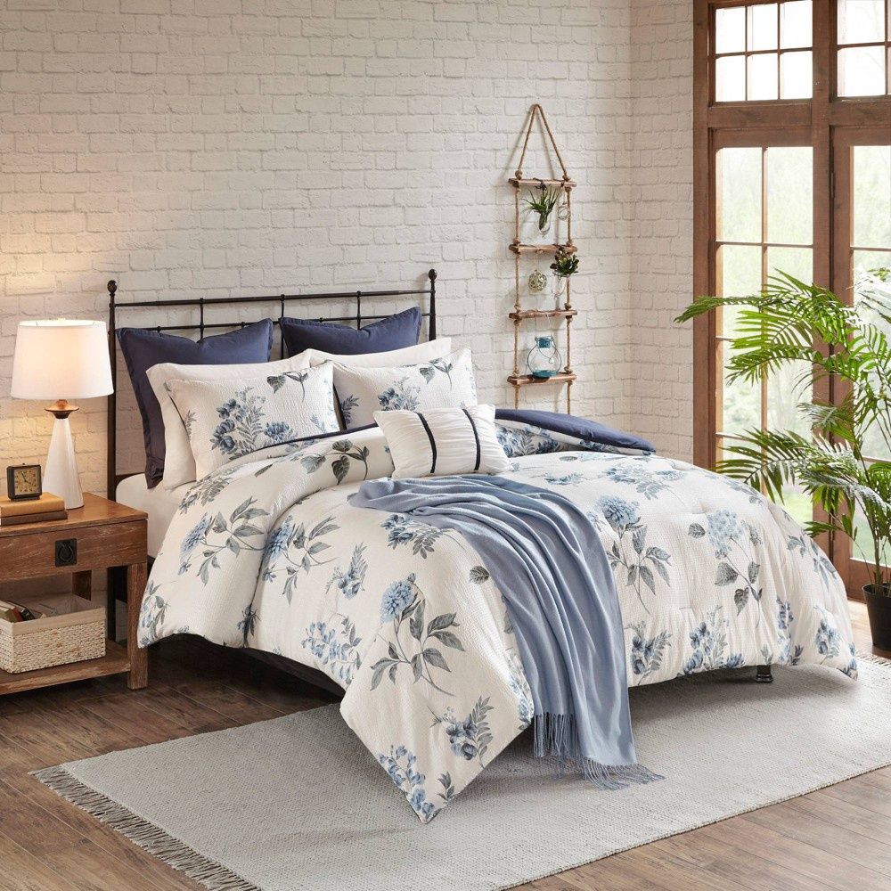 Madison Park Full/Queen 7pc Benita Print Seersucker Comforter Set with Throw Blanket Blue: Polyester Farmhouse Style