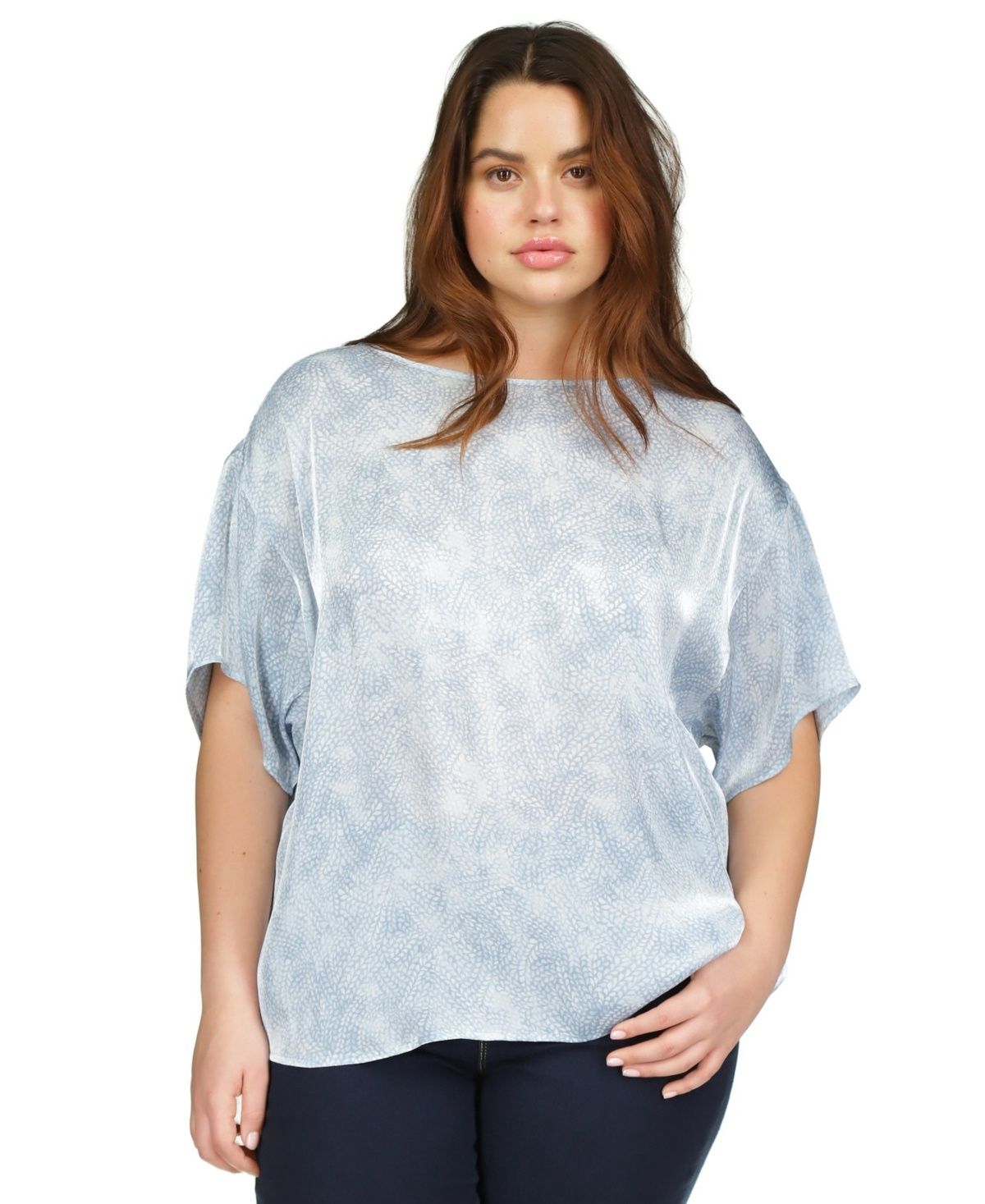 Michael Michael Kors Plus Size Petal-Print Short-Sleeve Top - Chambray