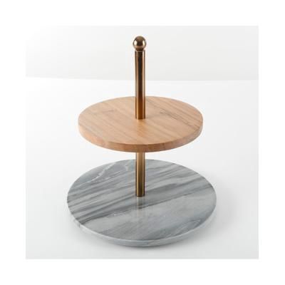 California Designs 2-Tier Gray Marble Acacia Wood Cake Stand Server