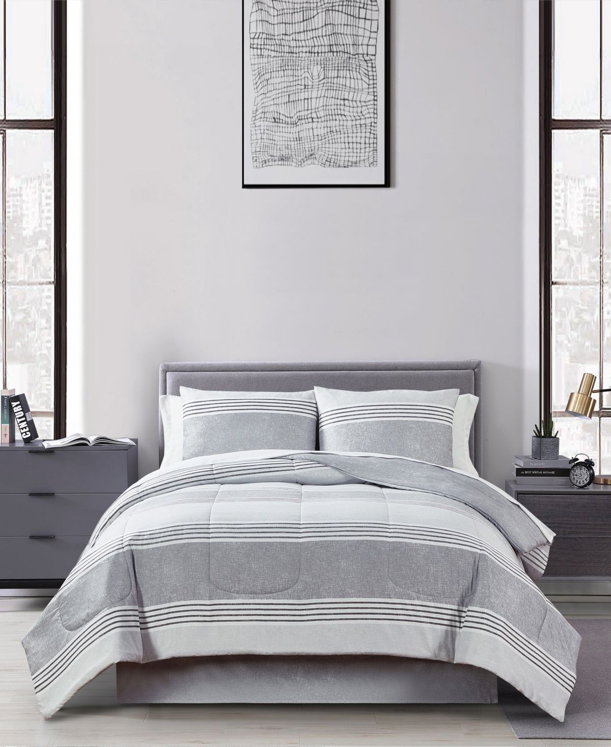 Keeco Douglas Stripe 8-Piece Reversible Comforter Sets, - Grey