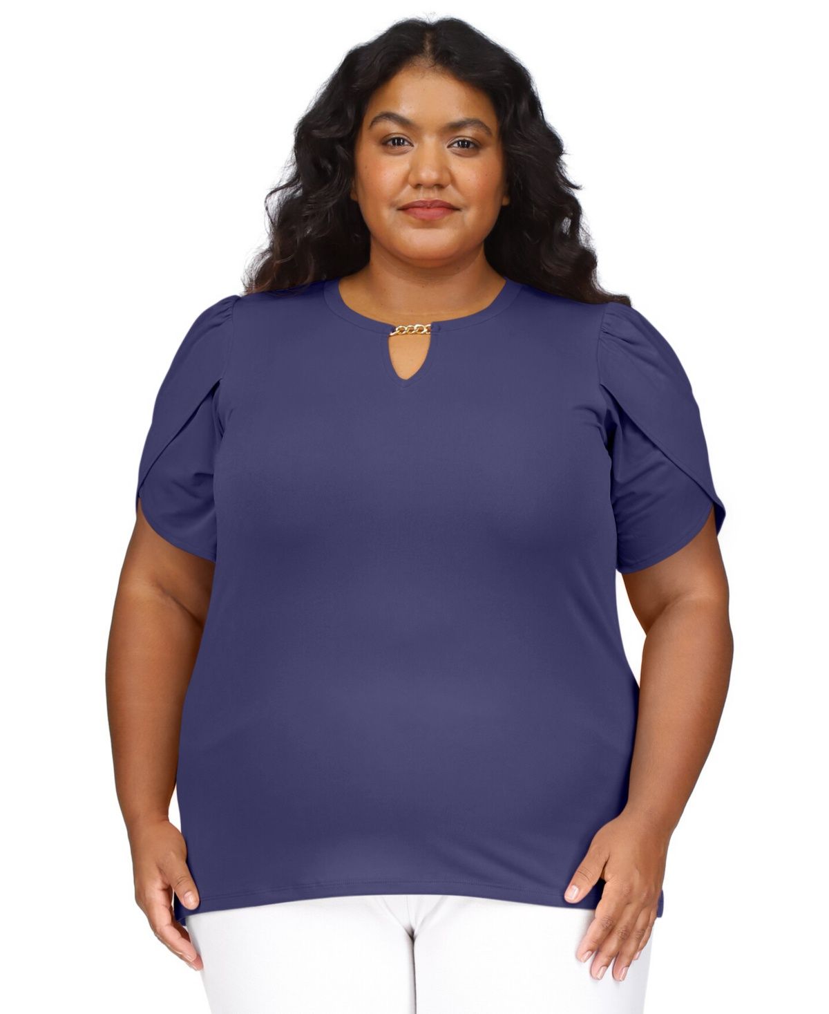 Michael Michael Kors Plus Size Petal-Sleeve Keyhole Top - Midnight Blue