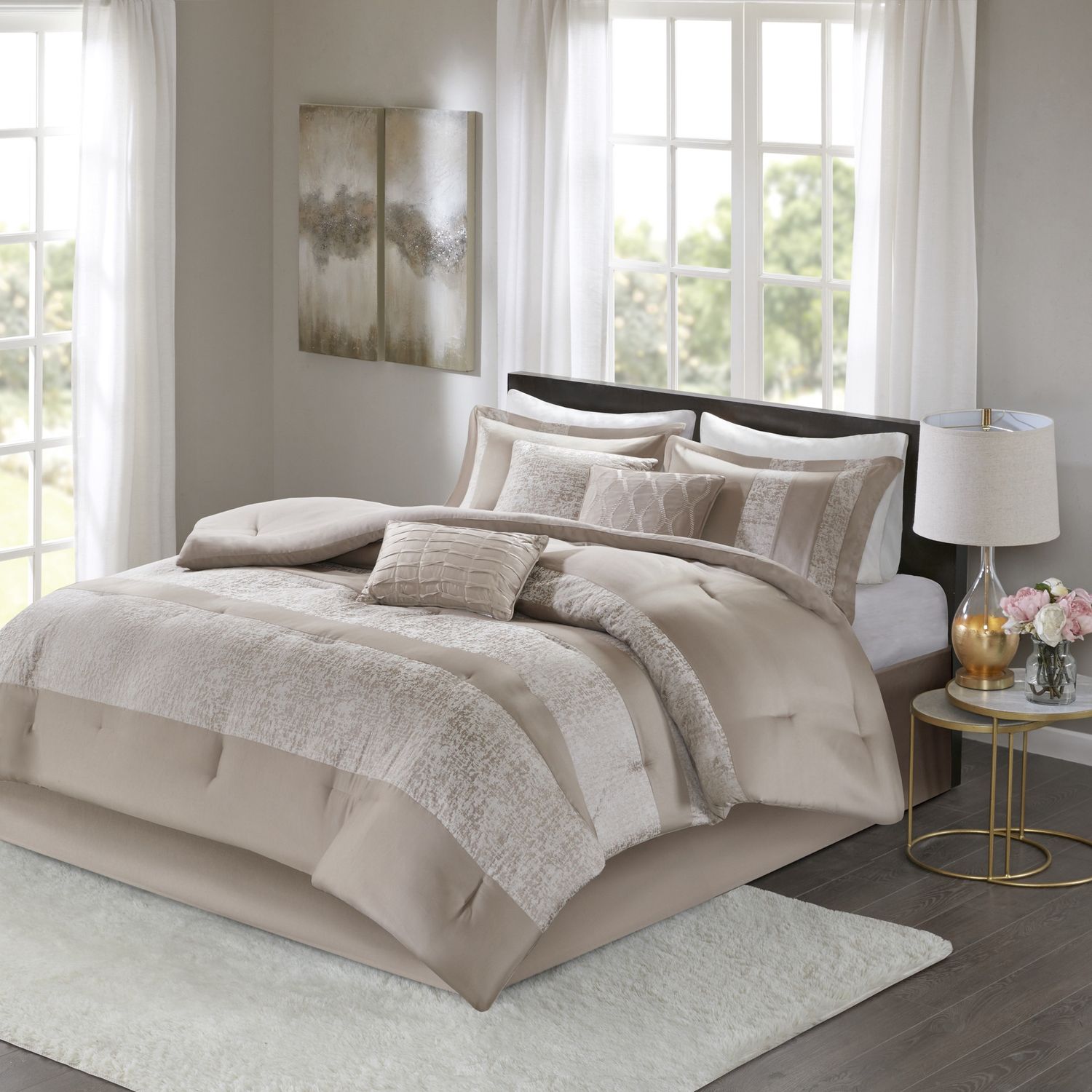 7pc Queen Anett Chenille Jacquard Comforter Set Taupe: Madison Park, Hypoallergenic, Pleated &amp; Embroidered