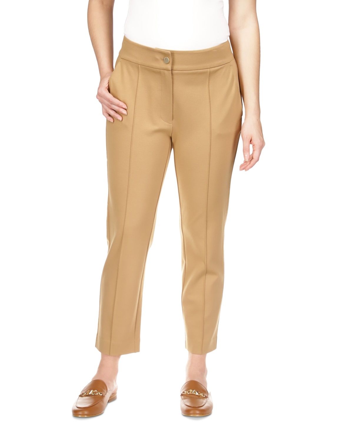 Michael Michael Kors Petite High-Rise Ponte Pintuck Pants - Dark Camel