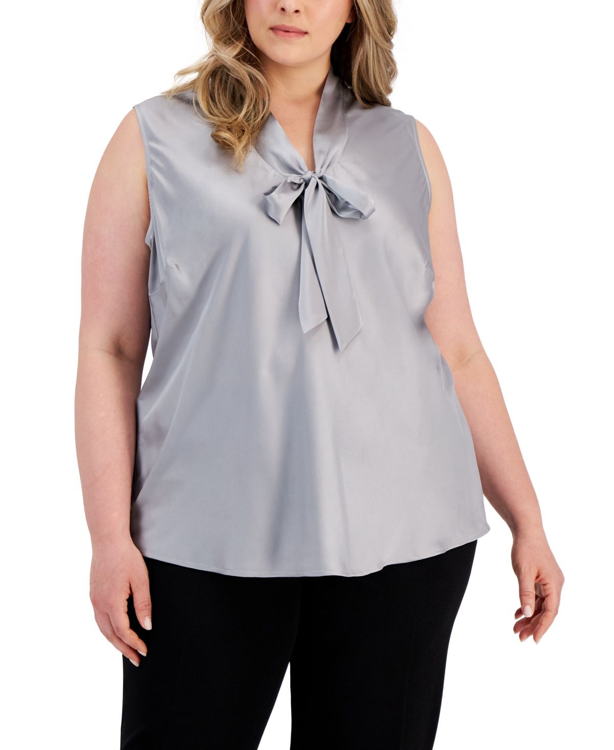 Kasper Plus Size Tie-Neck Sleeveless Blouse - Pebble