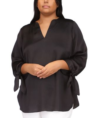 MICHAEL Michael Kors Plus Size Solid Satin Tie Top (Black) Women&#39;s Clothing