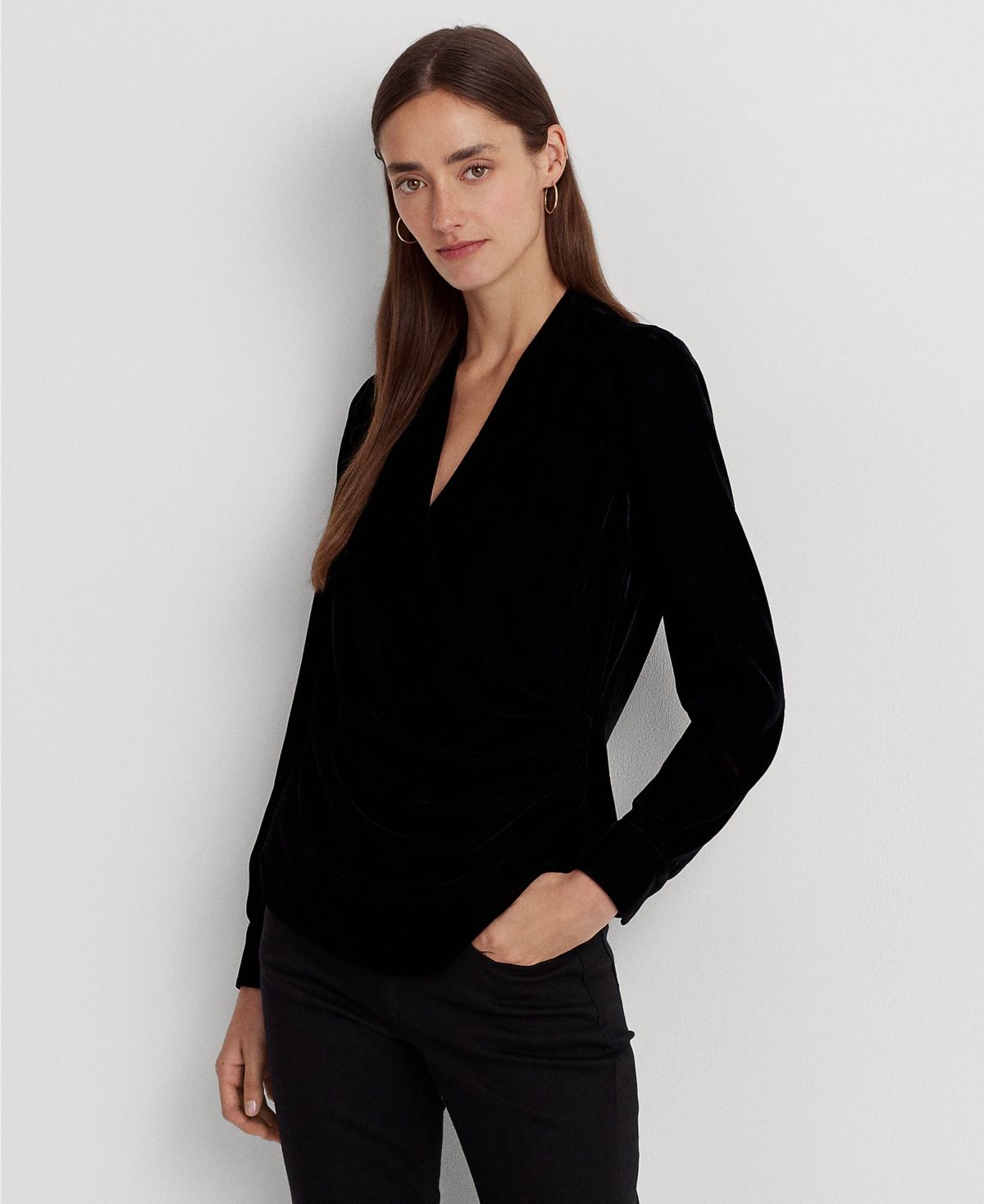 Lauren Ralph Lauren Women&#39;s Pleated Velvet Surplice Blouse - Black Velvet