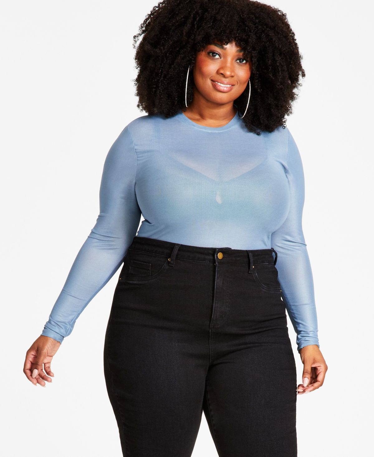 Nina Parker Trendy Plus Size Sheer Mesh Top - Dusty Blue