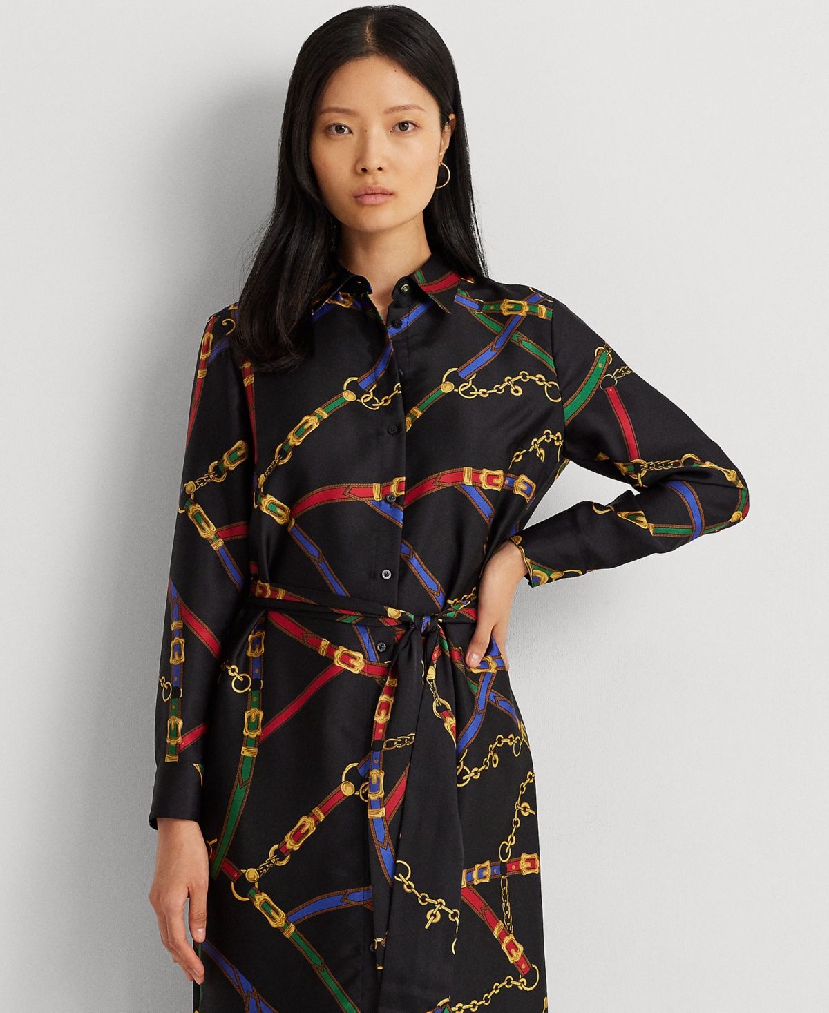 Lauren Ralph Lauren Belting-Print Twill Shirtdress (Black/Blue/Multi) Women&#39;s Dress