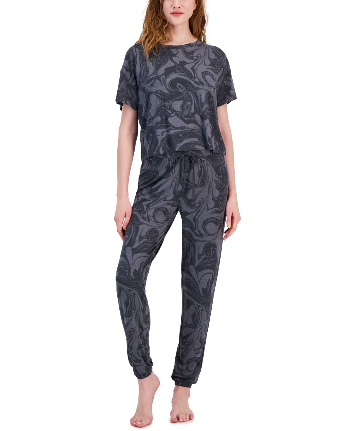 Jenni Women&#39;s 2-Pc. Short-Sleeve Jogger Pajamas Set, - Tonal Marble