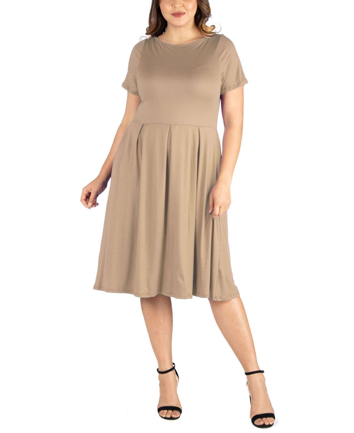 24seven Comfort Apparel Plus Size Short Sleeve MIDI Dress with Pockets - Taupe