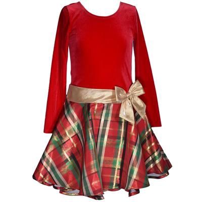 Bonnie Jean Little Girls Velvet Bodice to Plaid Skirt Dress - Red