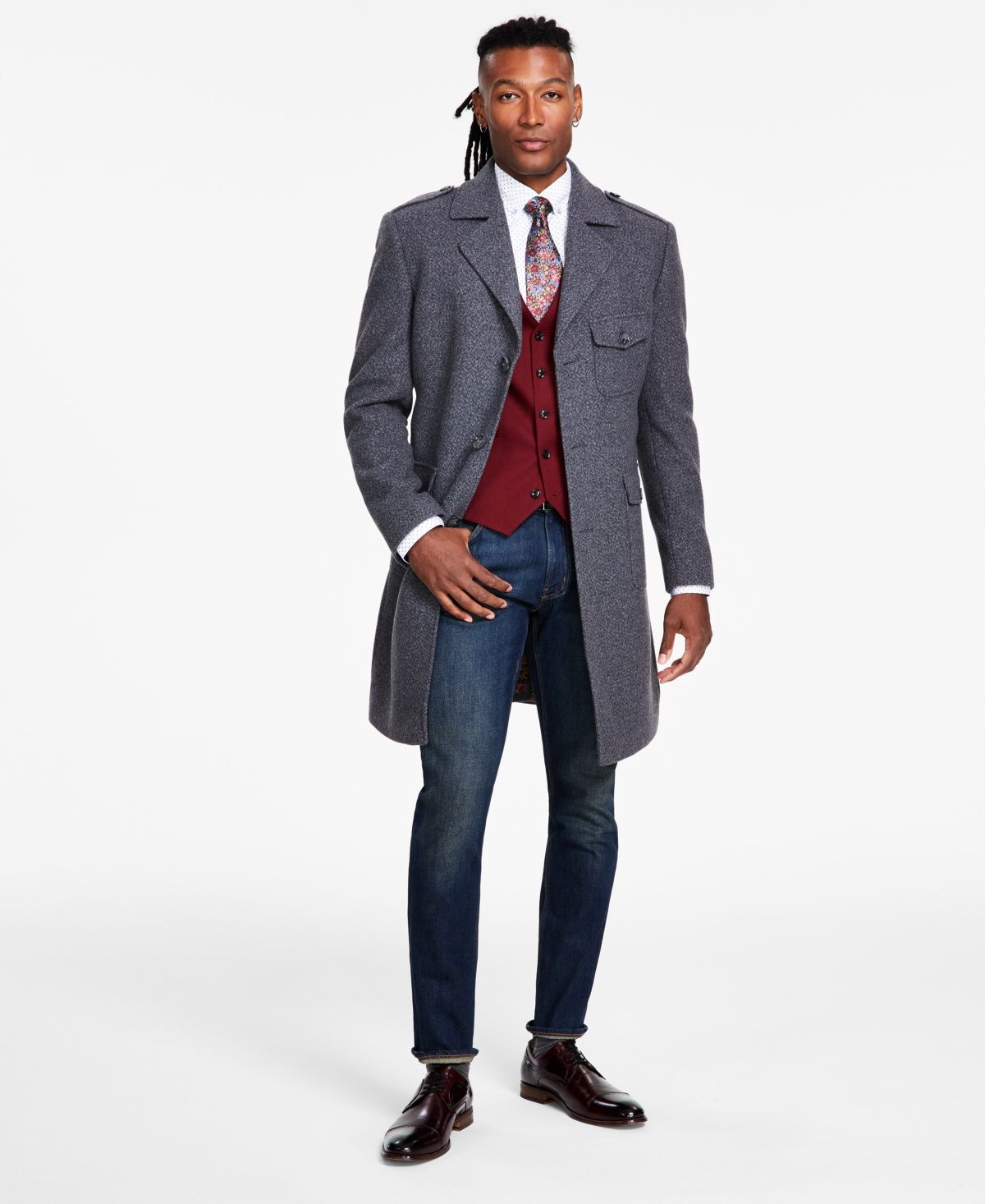 Tayion Collection Men&#39;s Classic-Fit Plaid Self Belted Wool Blend Overcoats - Charcoal