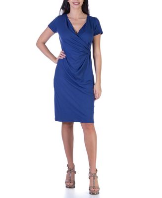 24seven Comfort Apparel Faux Wrap Over Dress with Cap Sleeves - Navy