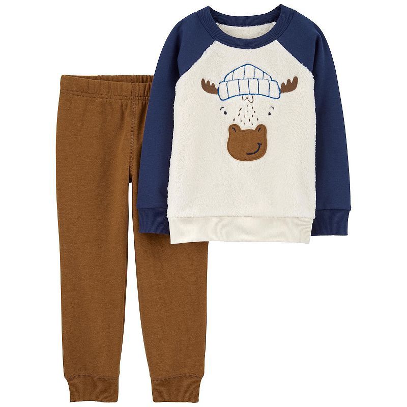 Carter&#39;s Baby Boys Faux-Sherpa Moose Pullover Top and Pants, 2 Piece Set - Navy/Brown