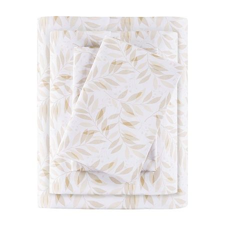 200-Thread Count Printed Cotton 4-Piece Tan Leaves Queen Sheet Set