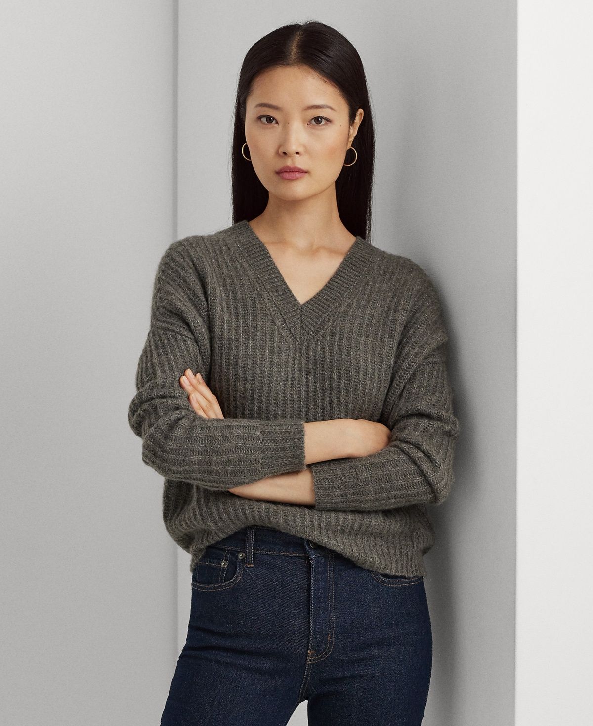 Lauren Ralph Lauren Women&#39;s Wool-Blend Ribbed V-Neck Sweater - Modern Grey Heather
