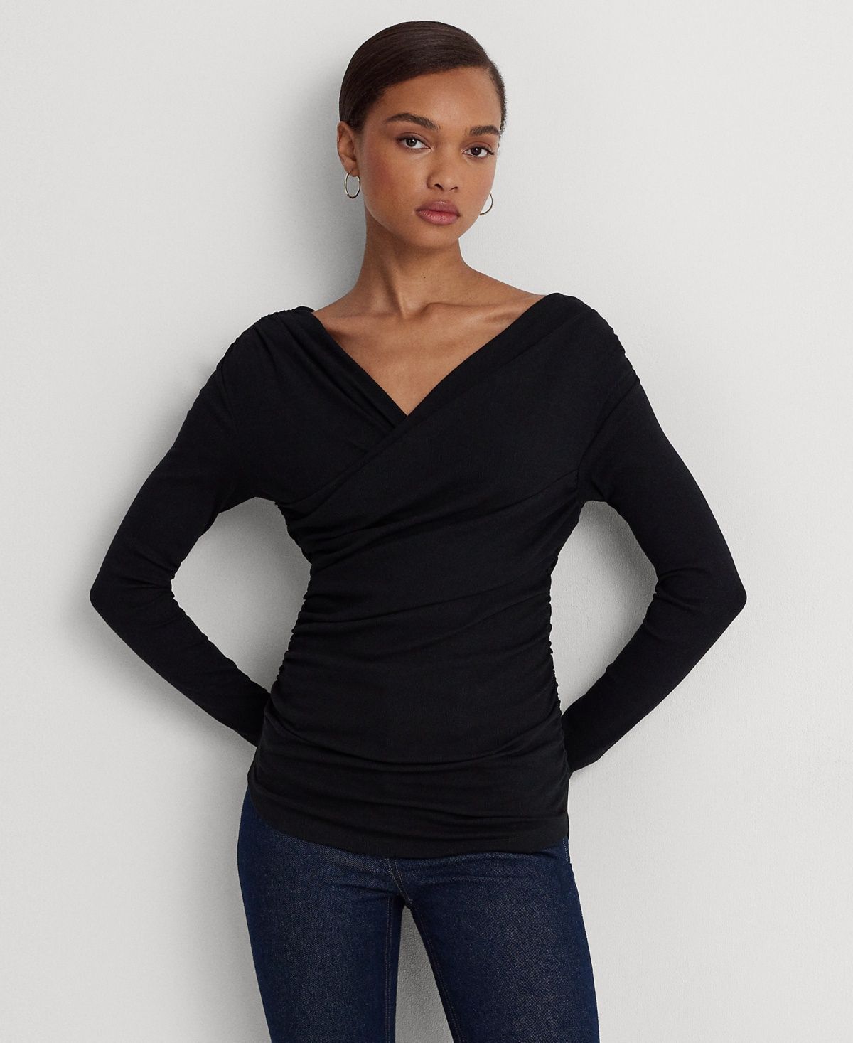 Lauren Ralph Lauren Women&#39;s Ruched Asymmetrical Stretch Cotton Top - Black Lurex