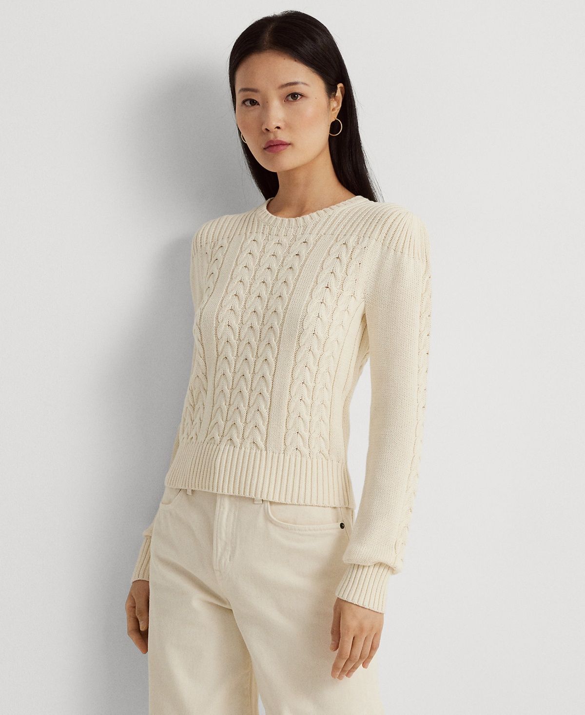 Lauren Ralph Lauren Cable-Knit Puff-Sleeve Sweater (Mascarpone Cream) Women&#39;s Sweater