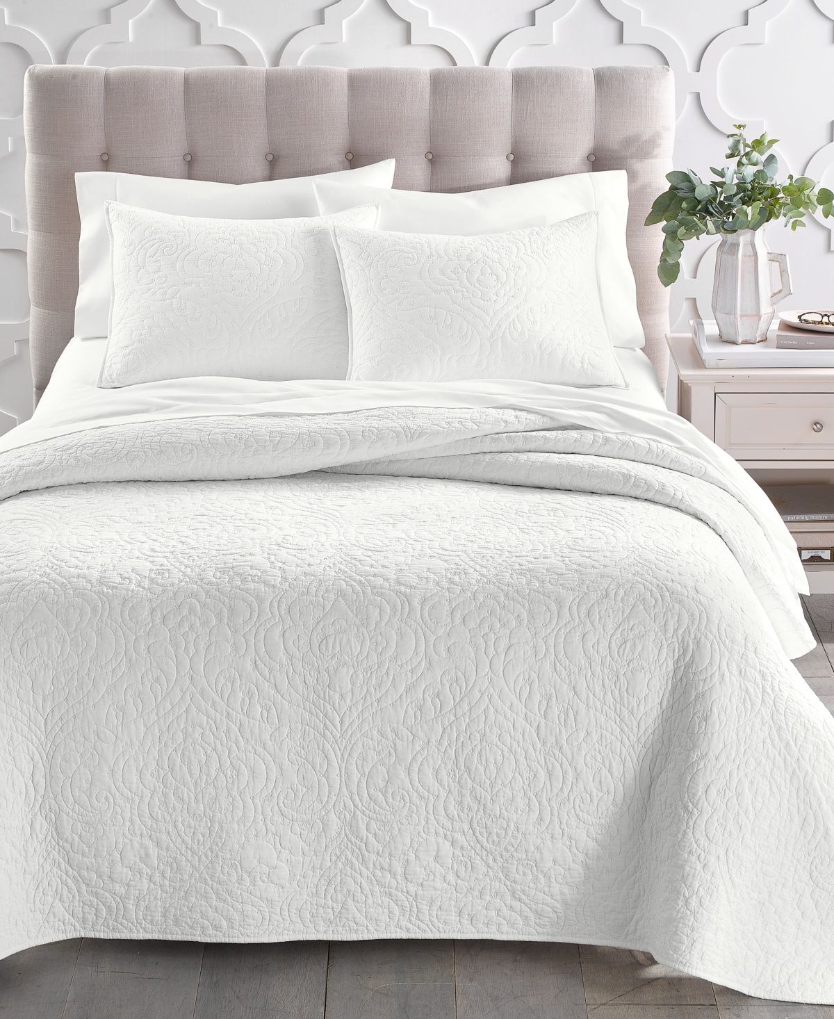 Charter Club Sculpted Paisley Embroidered Cotton Quilt, King, - White