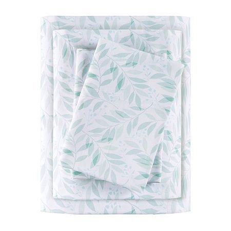 200-Thread Count Printed Cotton 4-Piece Green Leaves Queen Sheet Set