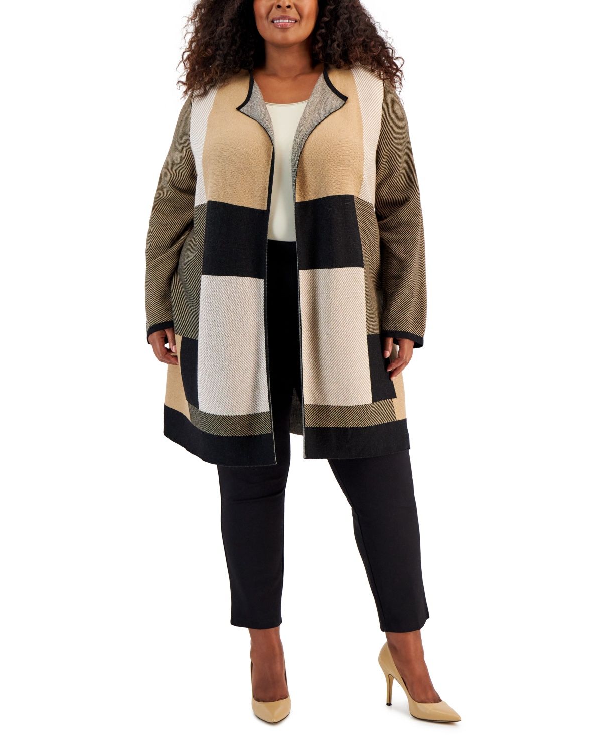 Kasper Plaid Edge to Edge Long-Sleeve Camel Combo 1X