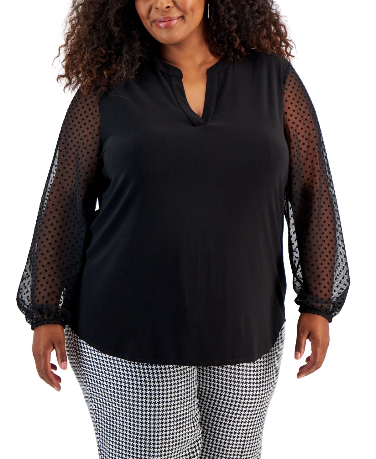 Kasper Plus Womens Split Neck Polka Dot Blouse 1x black
