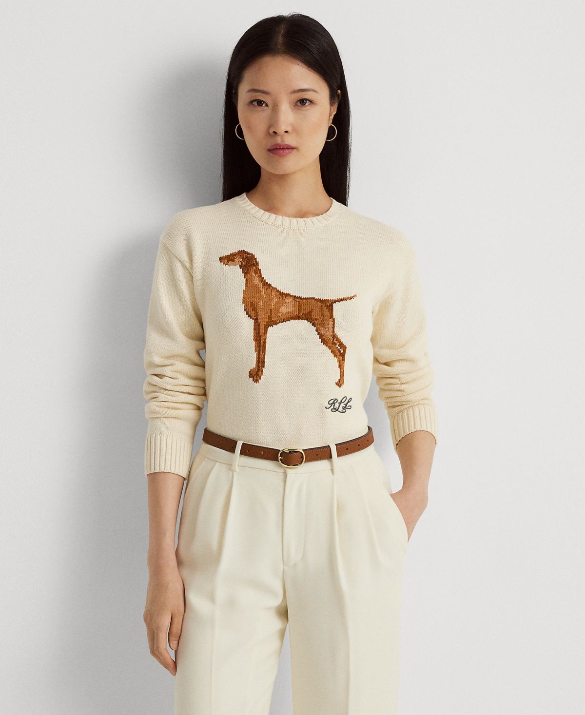 LAUREN Ralph Lauren Intarsia-Knit Cotton-Blend Sweater (Mascarpone Cream) Women&#39;s Clothing