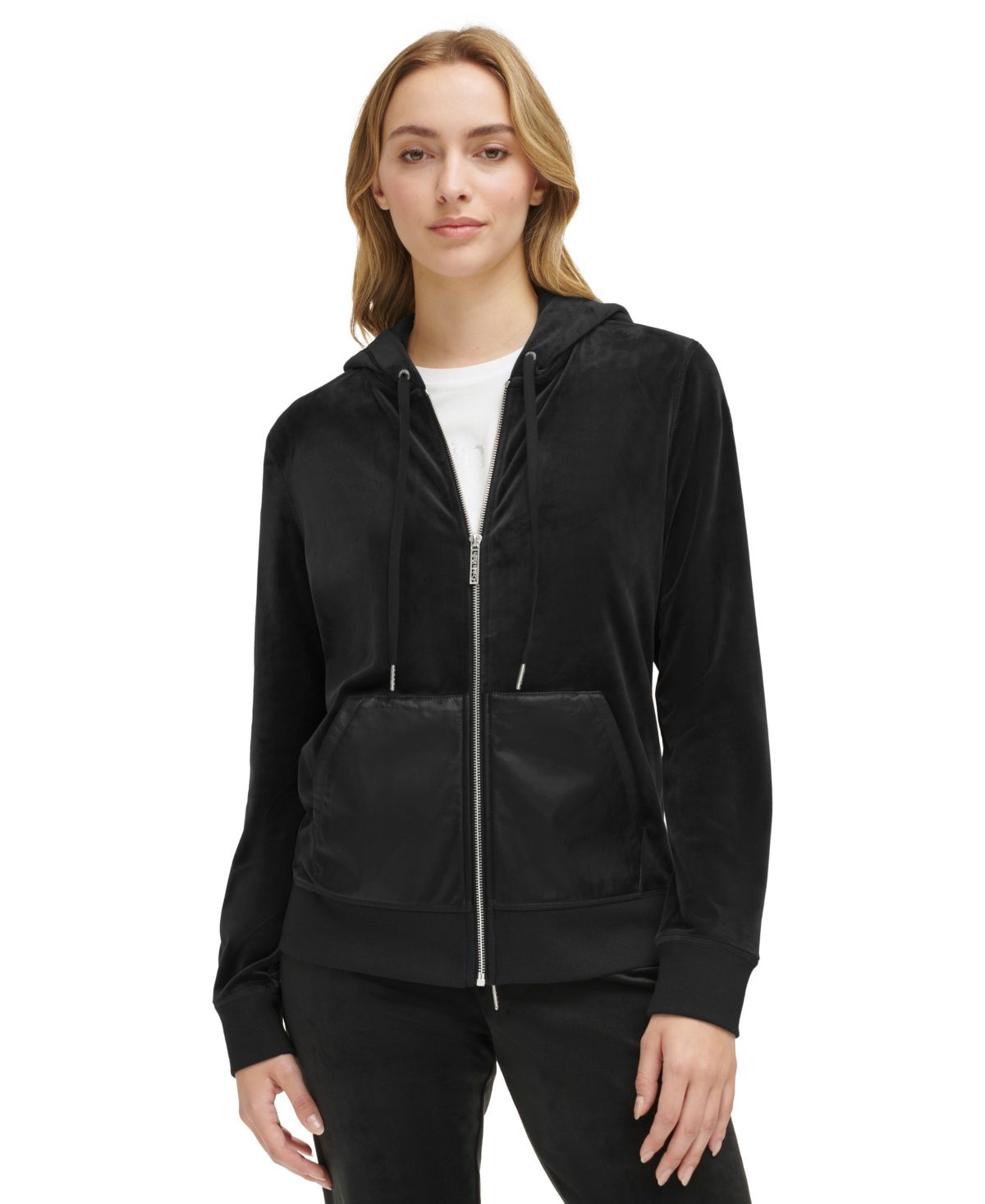 Calvin Klein Women&#39;s Faux Leather Pocket Zip Front Hoodie - Black - Size S