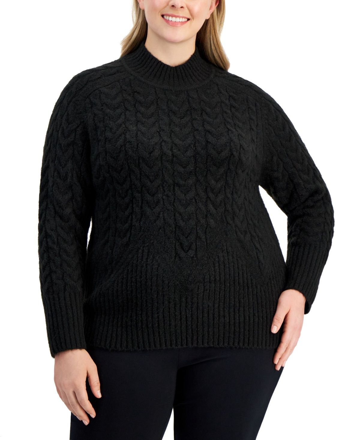 Calvin Klein Plus Size Cable-Knit Mock Neck Sweater - Black
