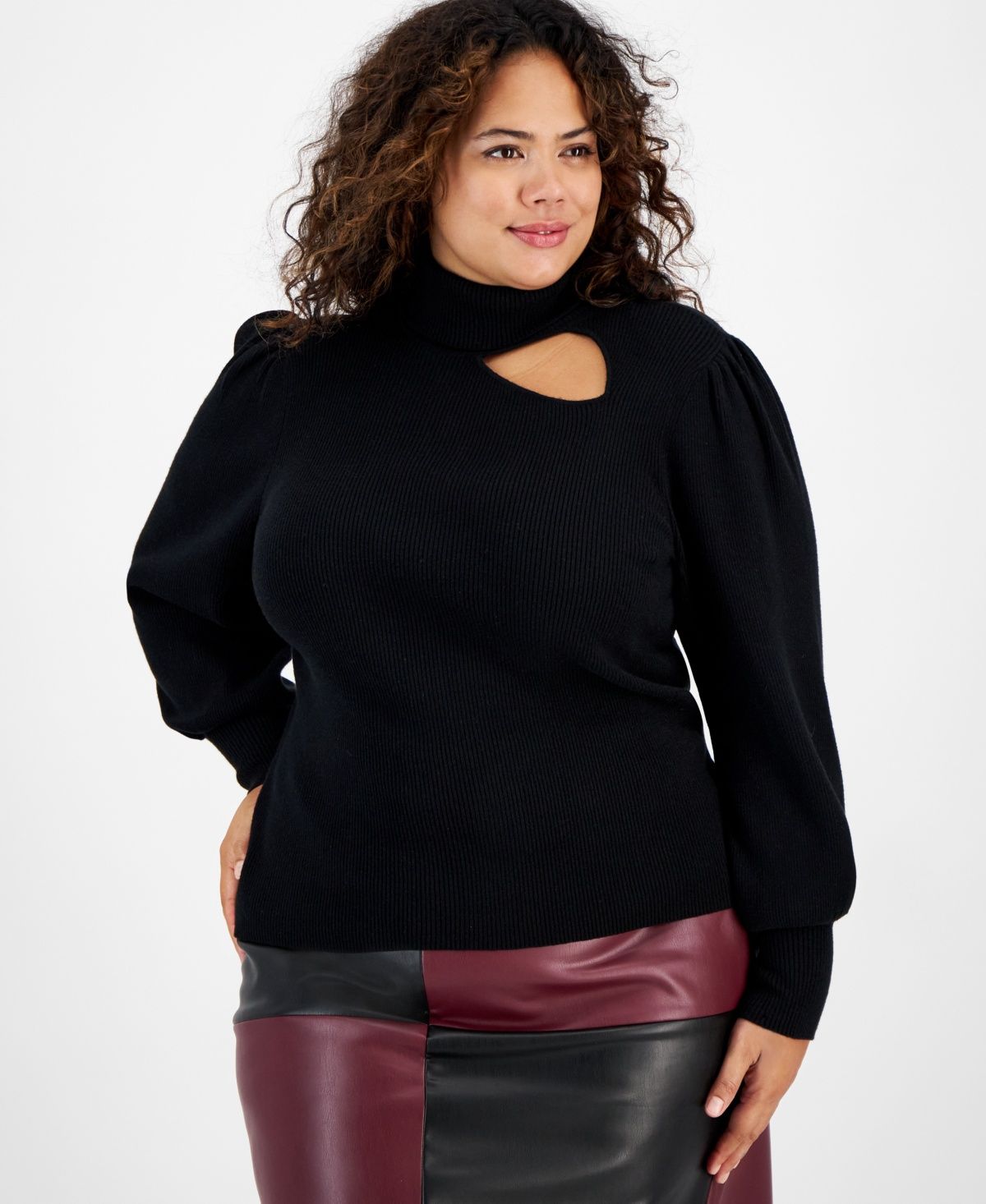 Bar Iii Plus Size Puff-Sleeve Turtleneck Sweater, - Black