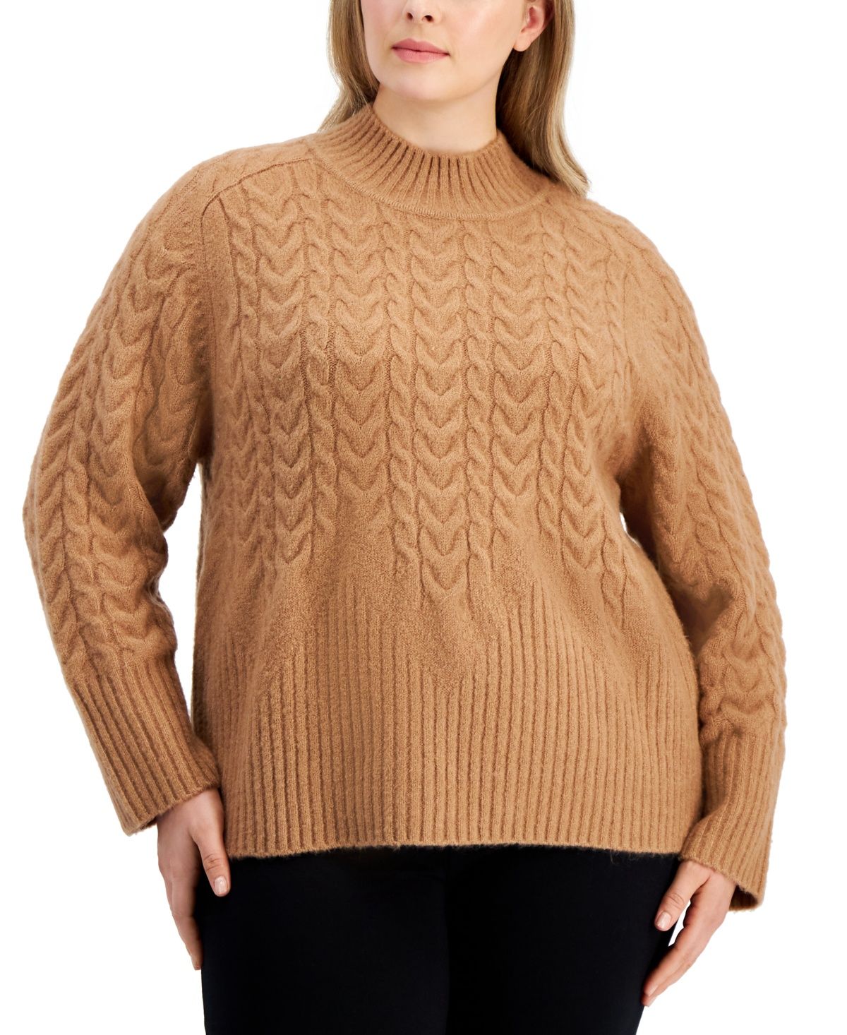 Calvin Klein Plus Size Cable-Knit Mock Neck Sweater - Cafe Ole