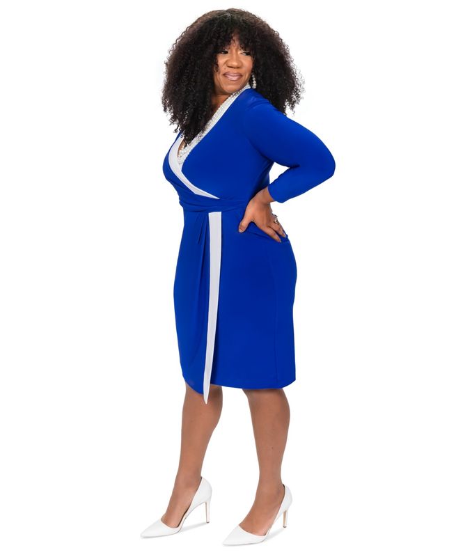Kasper Colorblocked Faux-Wrap Sheath WhiteRoyal Blue S