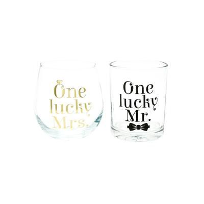 Tmd Holdings One Lucky Mr Rocks Glass and One Lucky Mrs Stemless Wine Glass Set, 2 Pieces