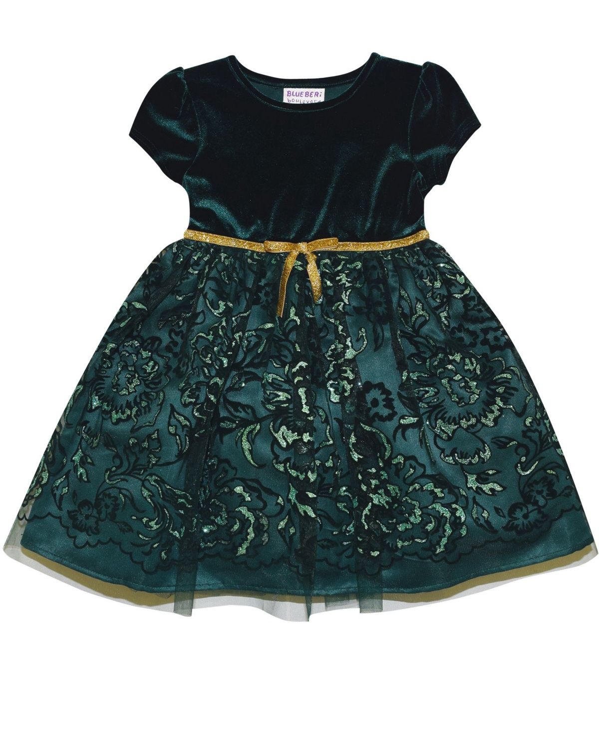 Blueberi Boulevard Toddler Girls Short Sleeve Velour Flocked Tulle Dress - Hunter Green